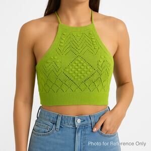 NWT Hunter & Browal Womens Green Knit Crochet Design Halter Crop Top Size Small